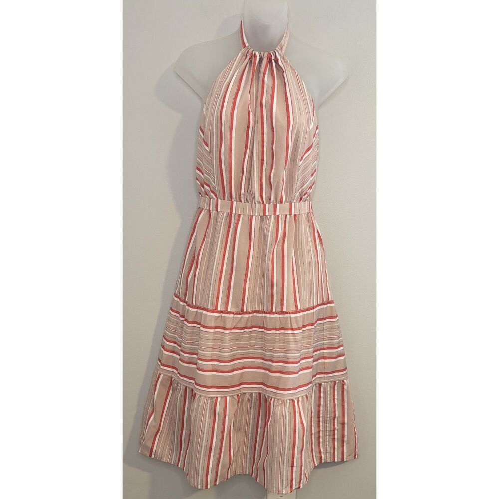Kaari Striped Halter Tiered Midi Dress Pink Coral Tan Petite SP NWOT